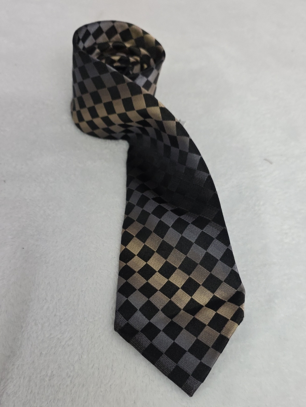 Van Heusen 100% Silk Geometric Check Tie Gray Black Champagne